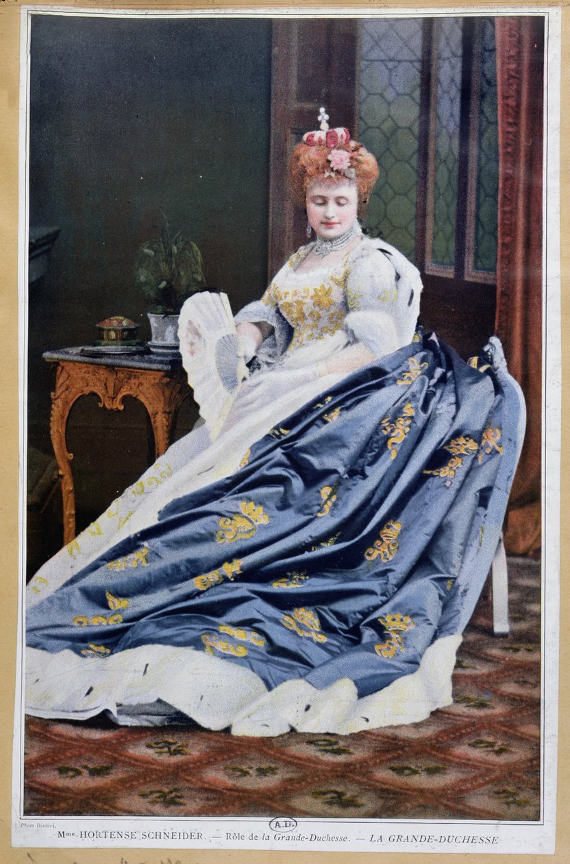 Muotokuva Hortense Schneiderist (1833-1920) suurherttuattaren roolissa Jacques Offenbachin (1819-90) La Grande Duchesse de Gerolsteinissa n. 1867 tekijältä French School