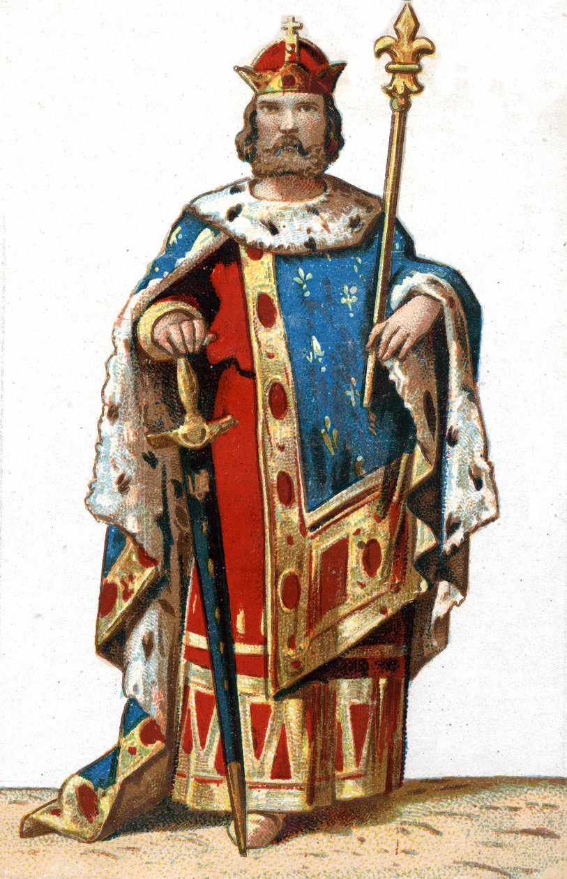 Muotokuva Hugues I Capetista (v. 941 - 996), Ranskan herttuasta ja sitten Ranskan kuninkaan. 1800-luvun lopun kromolitografia. tekijältä French School