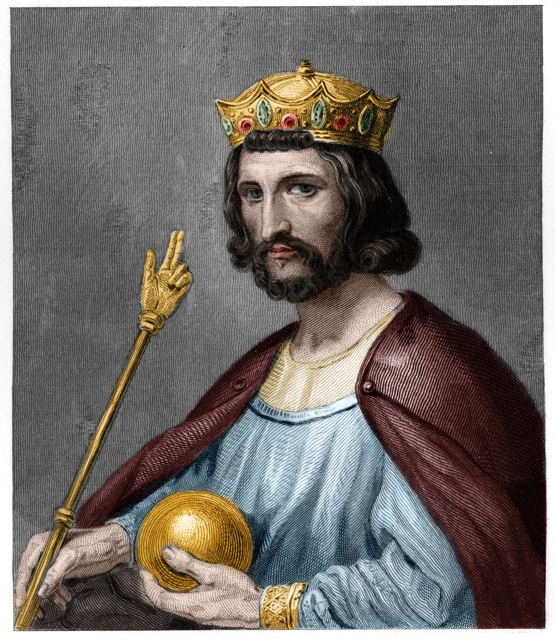 Muotokuva Hugues I Capetista (v. 941 - 996), Ranskan herttuasta ja sitten Ranskan kuninkaasta - Lavalléen "Histoire des Francais" -kirjassa, kaiverrus, sd. tekijältä French School