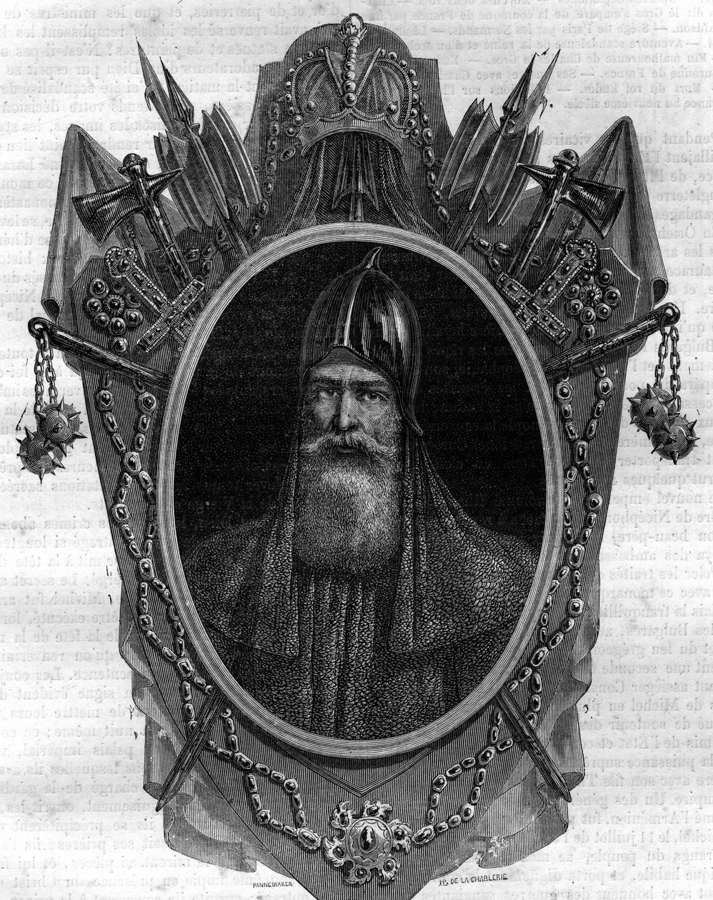Igorin muotokuva venäläisten herttuasta, varegue-prinssistä, Kiovan "Rusin" hallitsijasta 912-945. Kaiverrus Maurice Lachatren teokseen "Histoire des Papes-Rois-Queen and Empereurs a travers les centuries" tekijältä French School