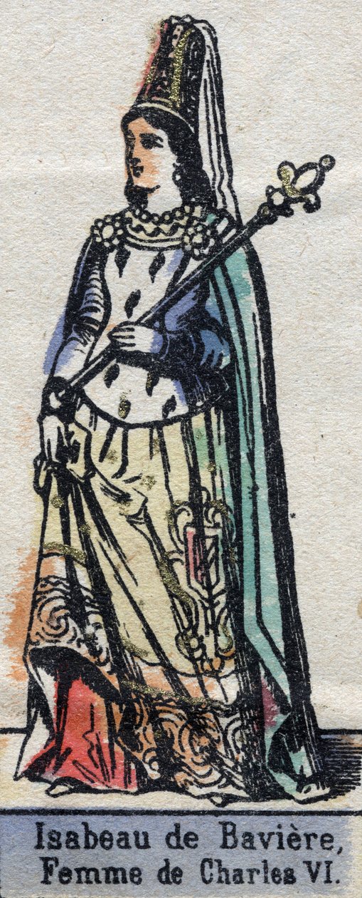 Ranskalaisen Kaarle VI:n vaimon Isabeau (Isabelle, Elisabeth) de Bavieren (1371-1435) muotokuva. (Kapetian dynastia). Kuvitus 1800-luvun lopulla. tekijältä French School