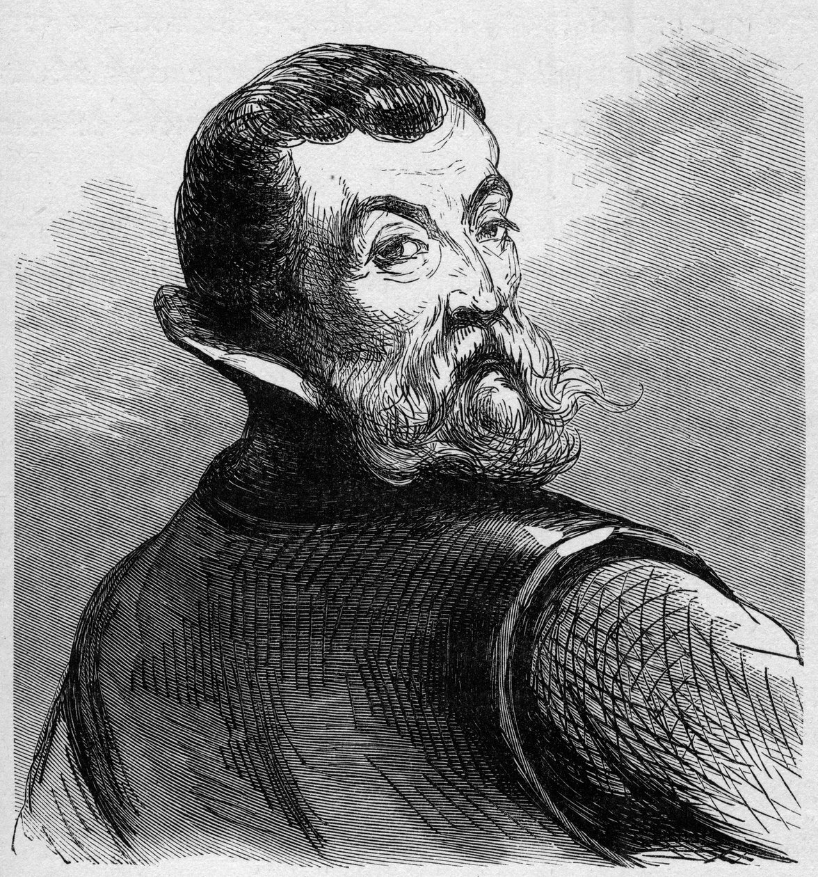 Jacques Cartierin (1491-1557) muotokuva. Ranskalainen navigaattori ja tutkimusmatkailija. Kaiverrus kirjaan "La Marine et les colonies: commerce" tekijältä French School