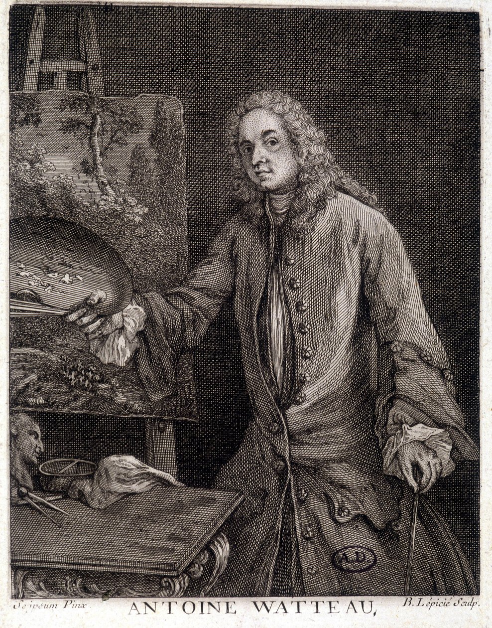 Ranskalaisen taidemaalarin Jean Antoine Watteaun (1684-1721) muotokuva - kaiverruskuvaus tekijältä French School