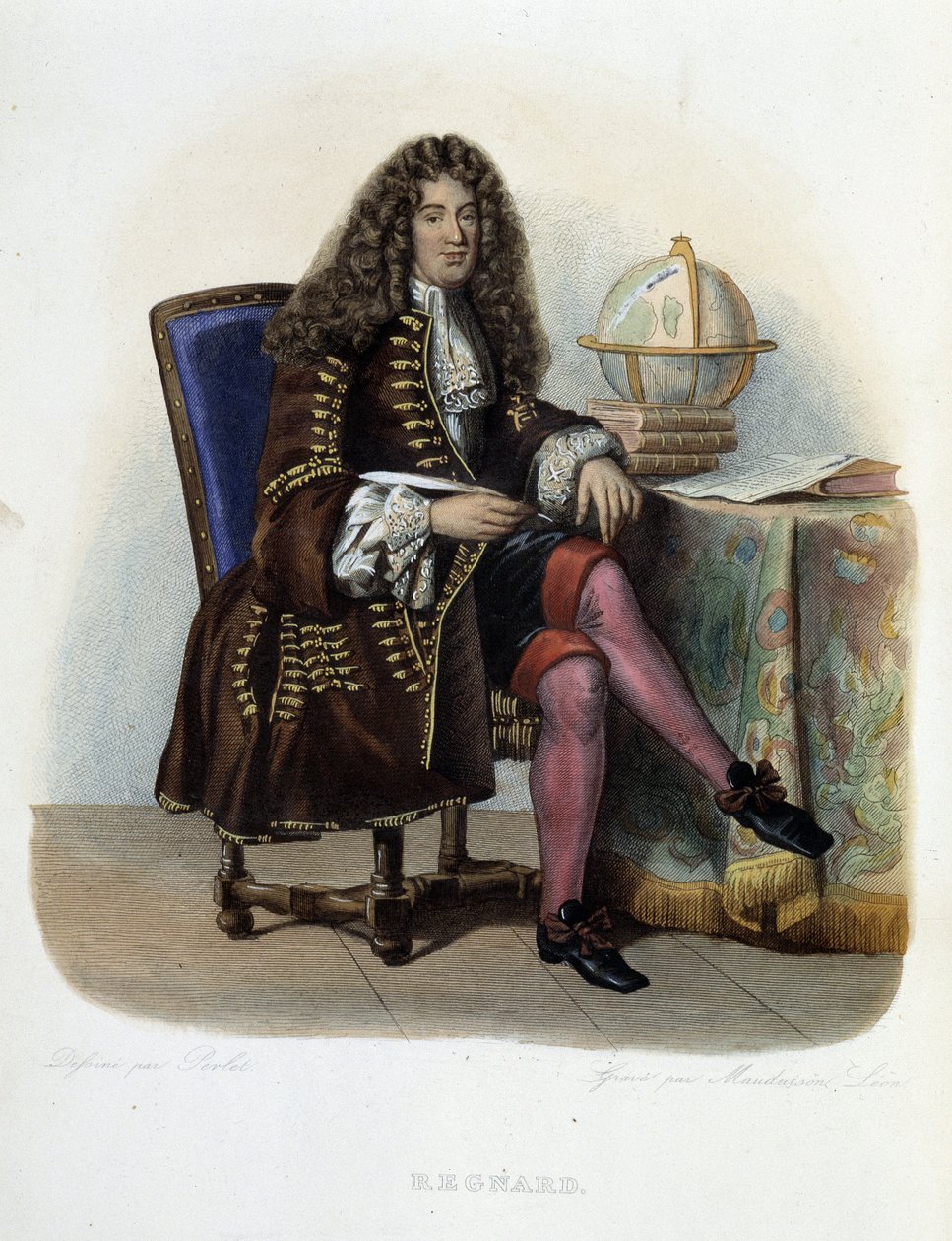 Muotokuva Jean Francois Regnardista, ranskalaisesta kirjailijasta ja näytelmäkirjailijasta (1655-1709) - Mennechetin teoksessa "Le Plutarque francais" tekijältä French School
