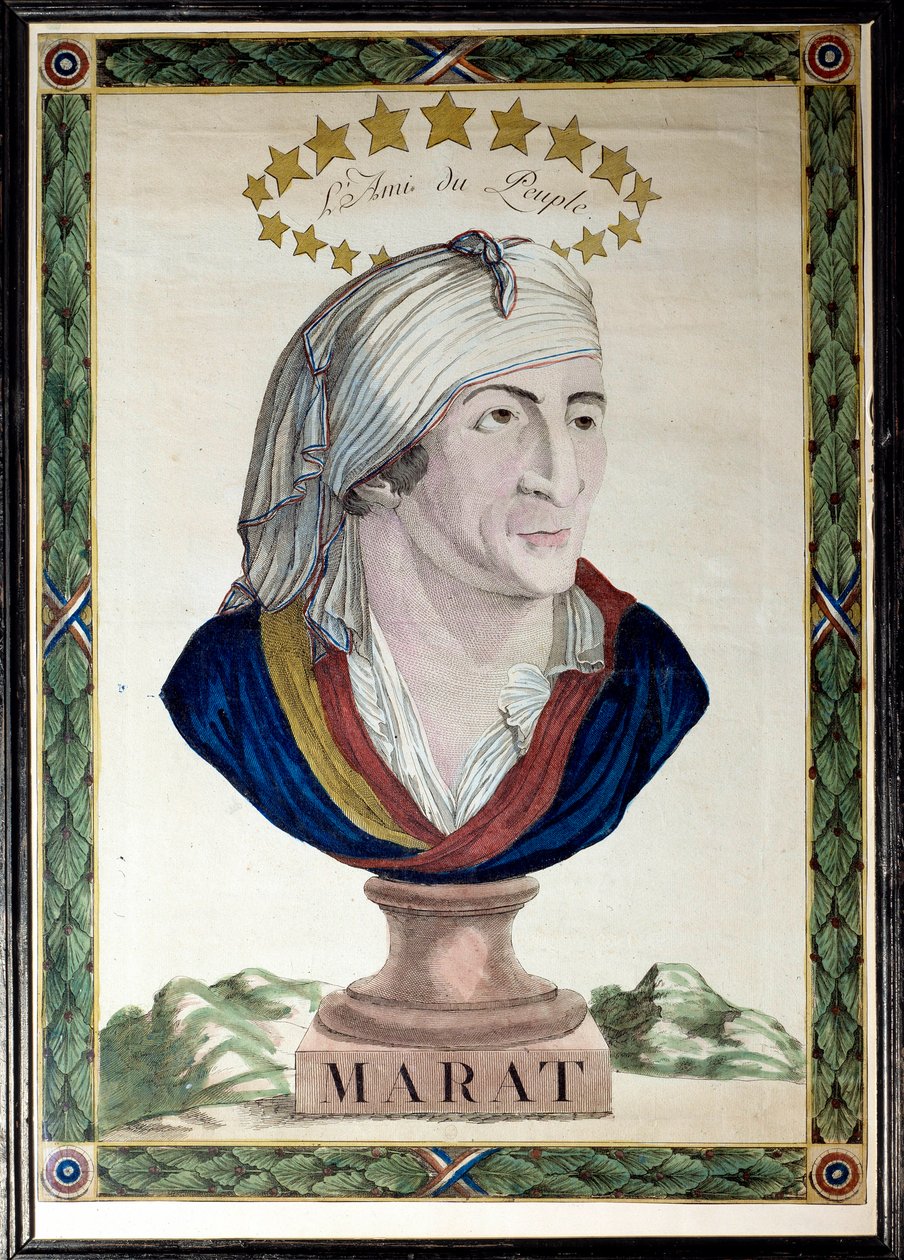 Muotokuva Jean Paul Maratista, ranskalaisesta lääkäristä, toimittajasta ja poliitikosta (1743-1793), kansan ystävästä. Etsaus vahvalla vedellä ja taltalla 1700-luvulta. Pariisi, Musee Carnavalet. tekijältä French School