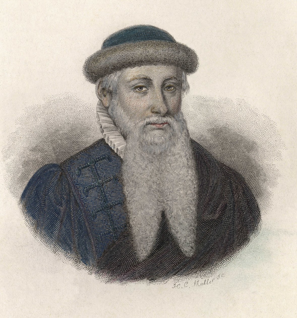 Johannes Gensfleisch dit Gutenbergin (1394/99-1468), saksalaisen kirjapainon muotokuva. "" Hyödyllisten miesten muotokuvia"" tekijältä French School