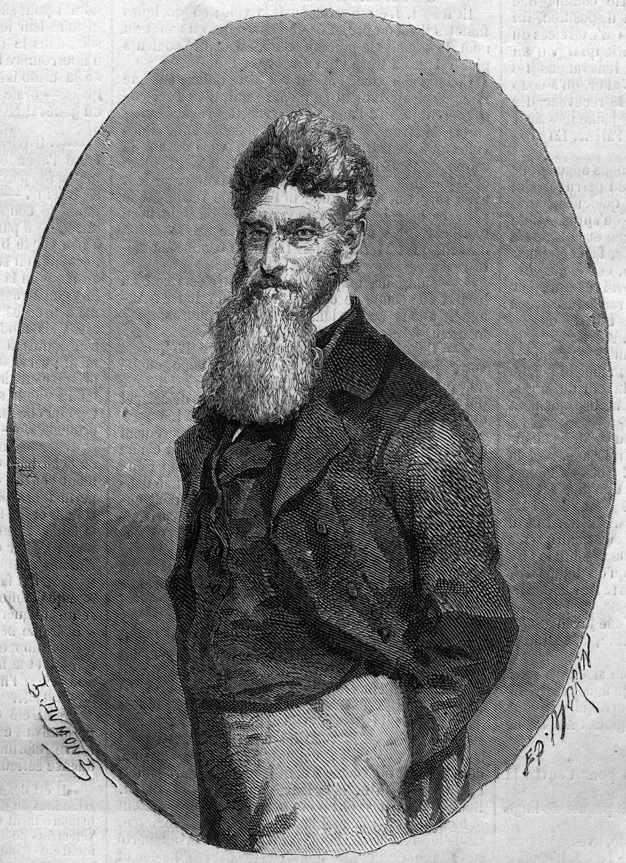 John Brownin (1800-1859), yhdysvaltalaisen orjuuden vastaisen aktivistin muotokuva. Kaiverrus "" Le Monde Illustré" -julkaisussa nro 140, 17. joulukuuta 1859. tekijältä French School