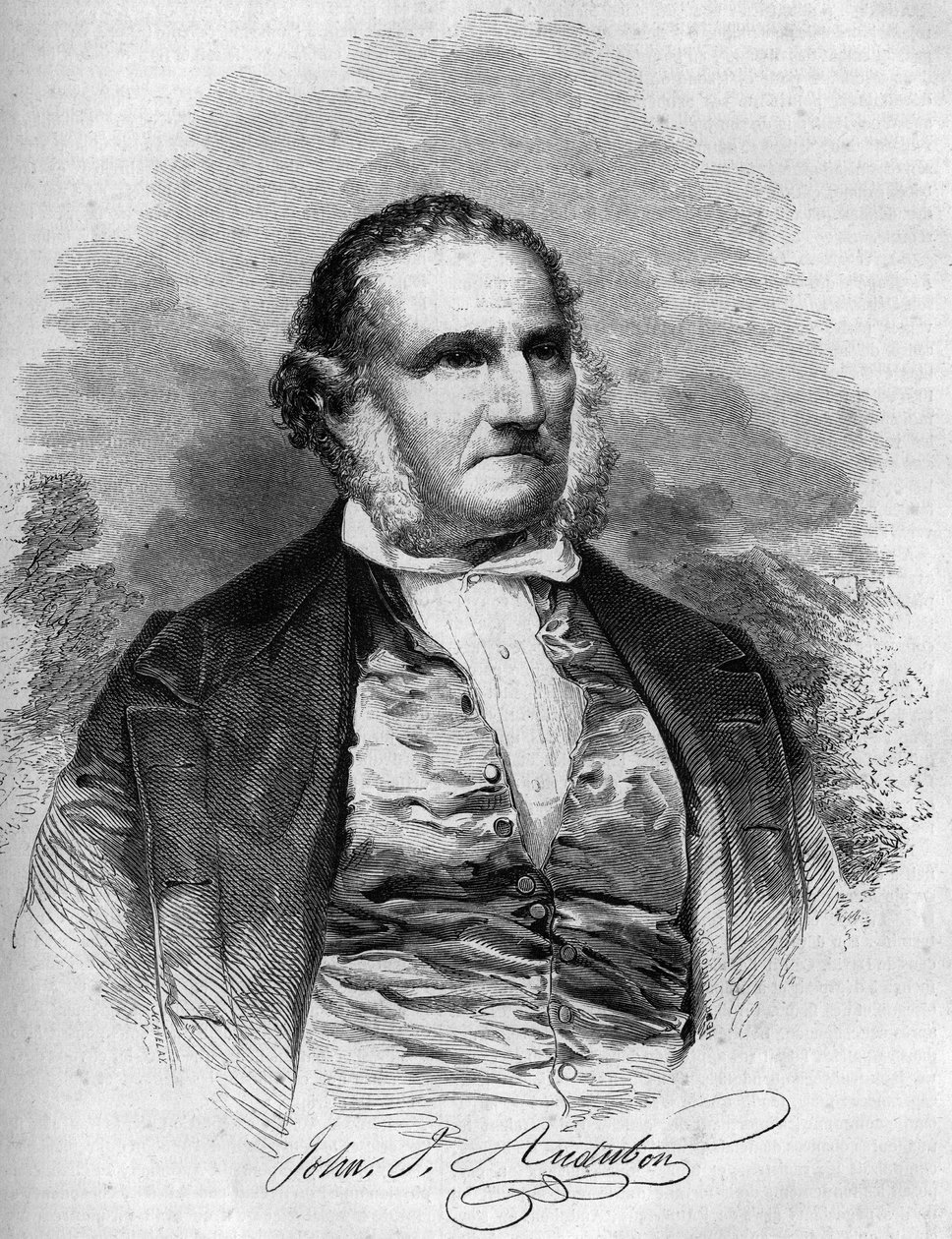 Amerikkalaisen lintututkijan John James Audubonin (1780-1851) muotokuva. Kaiverrus "" Le Magasin viehättävässä"" tekijältä French School