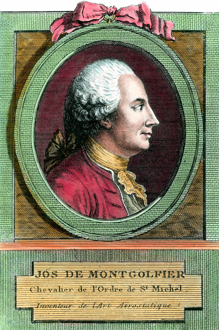 Kuumailmapallon keksijän Joseph de Montgolfierin (1740 - 1810) muotokuva. Kaiverrus 1700-luvulta. Yksityinen kokoelma. tekijältä French School