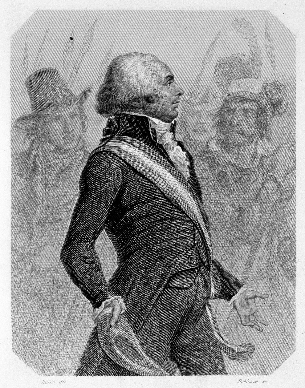 Ranskalaisen poliitikon Jérome Pétion de Villeneuven (1756-1794) muotokuva. Lamartinen teoksessa "The History of the Girondins". tekijältä French School