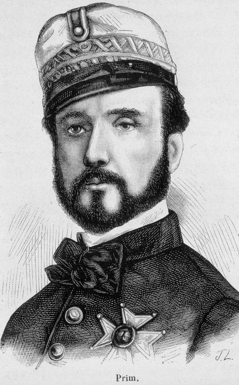 Juan Prim y Pratsin muotokuva, espanjalainen kenraali ja poliitikko (1814 - 1870) - Henri Martinin "Ranskan historiassa" tekijältä French School