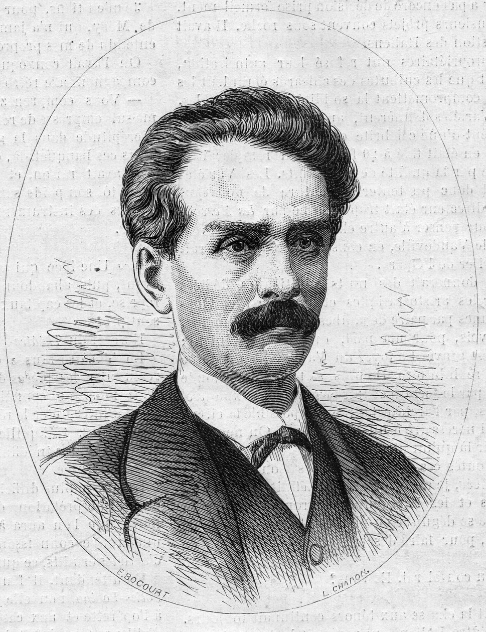 Jules Poncetin (1838-1873), ranskalaisen tutkimusmatkailijan, Ambroise Poncetin veljen muotokuva. Kaiverrus "" Le Monde Illustré" -julkaisussa nro 872, 27. joulukuuta 1873. tekijältä French School