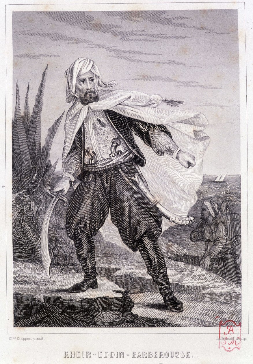 Muotokuva Kheiristä - Eddin - Barberoussesta, 1500-luvun turkkilaisesta merirosvosta - P. Christianin teoksessa "Merrosten ja Välimeren merirosvojen historia", Paris, D. Cavaillés, toim., osa 1 tekijältä French School