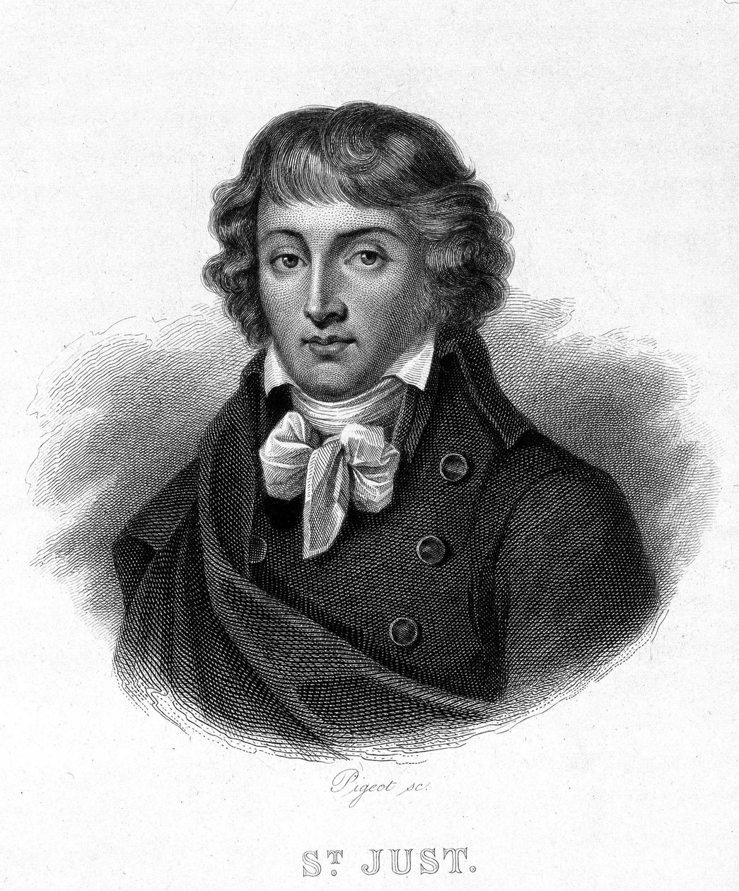 Louis Antoine Léon Saintin muotokuva - Just (1767 - 1794) - Thiersin ""Revolution francaise" -kirjassa. 1800-luvulla tekijältä French School