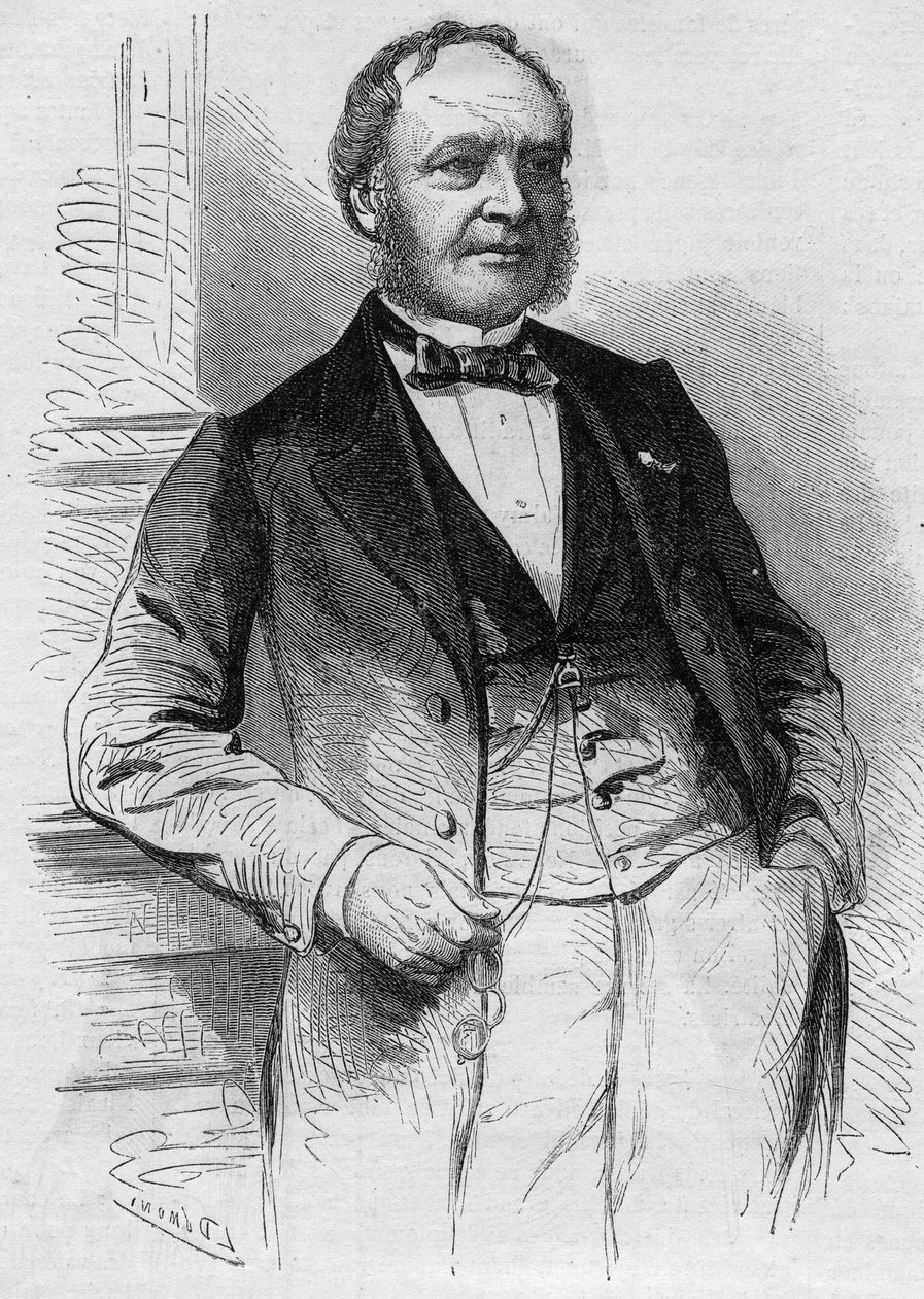 Ranskalaisen toimittajan Louis Christophe Francois Hachette (1800-1864) muotokuva. Kaiverrus "" Le Monde Illustré" -julkaisussa nro 383, 13. elokuuta 1864. tekijältä French School