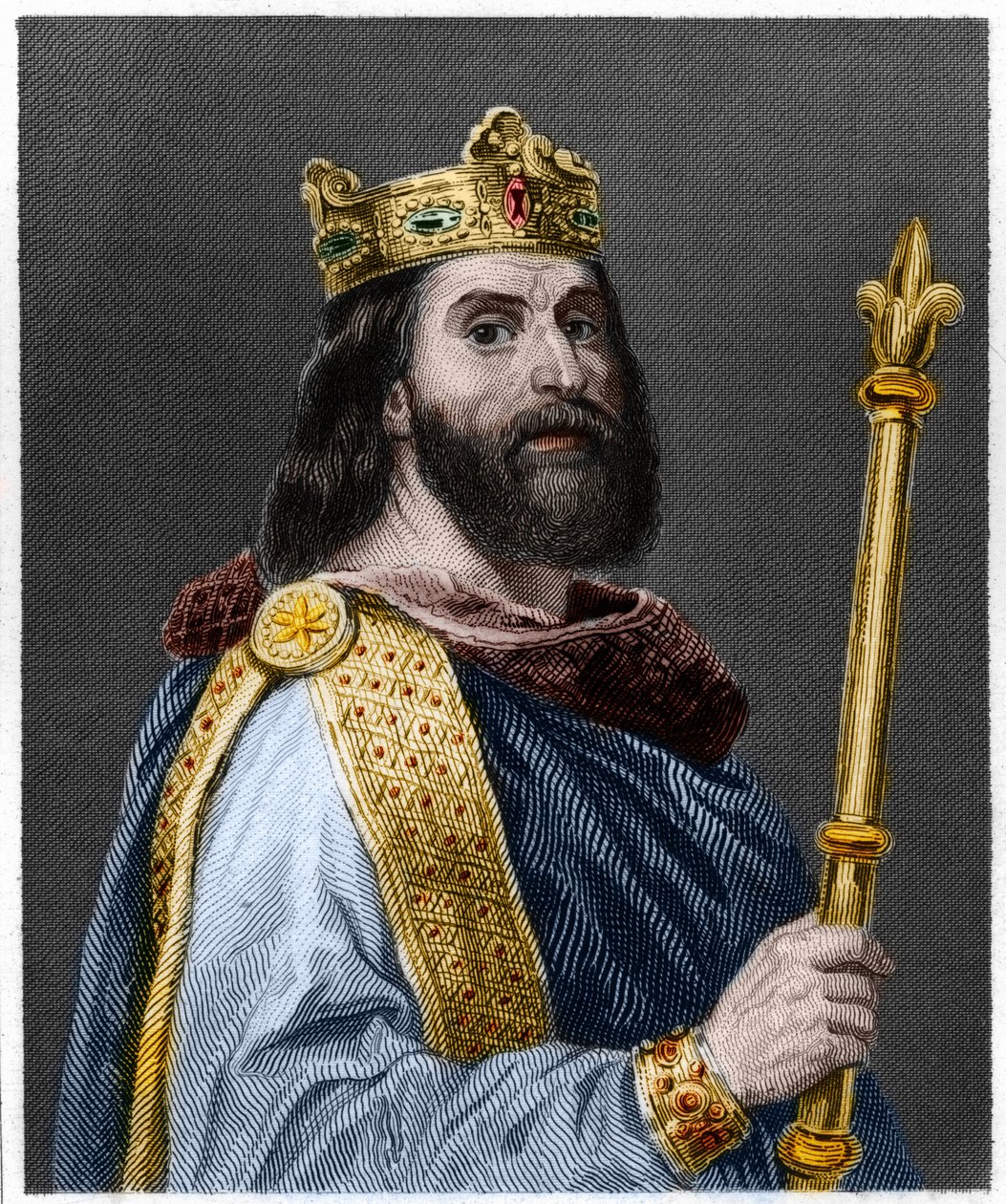 Ludvig II Begue tai Faineant (846 - 879), Ranskan kuninkaan muotokuva - Lavalleen "Histoire des Francais" -kirjassa, kaiverrus, sd. tekijältä French School