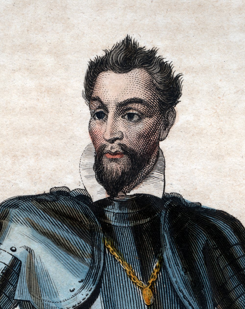 Conden prinssin (1530-1569), hugenotin johtajan ja kenraalin Louis I de Bourbonin muotokuva. tekijältä French School