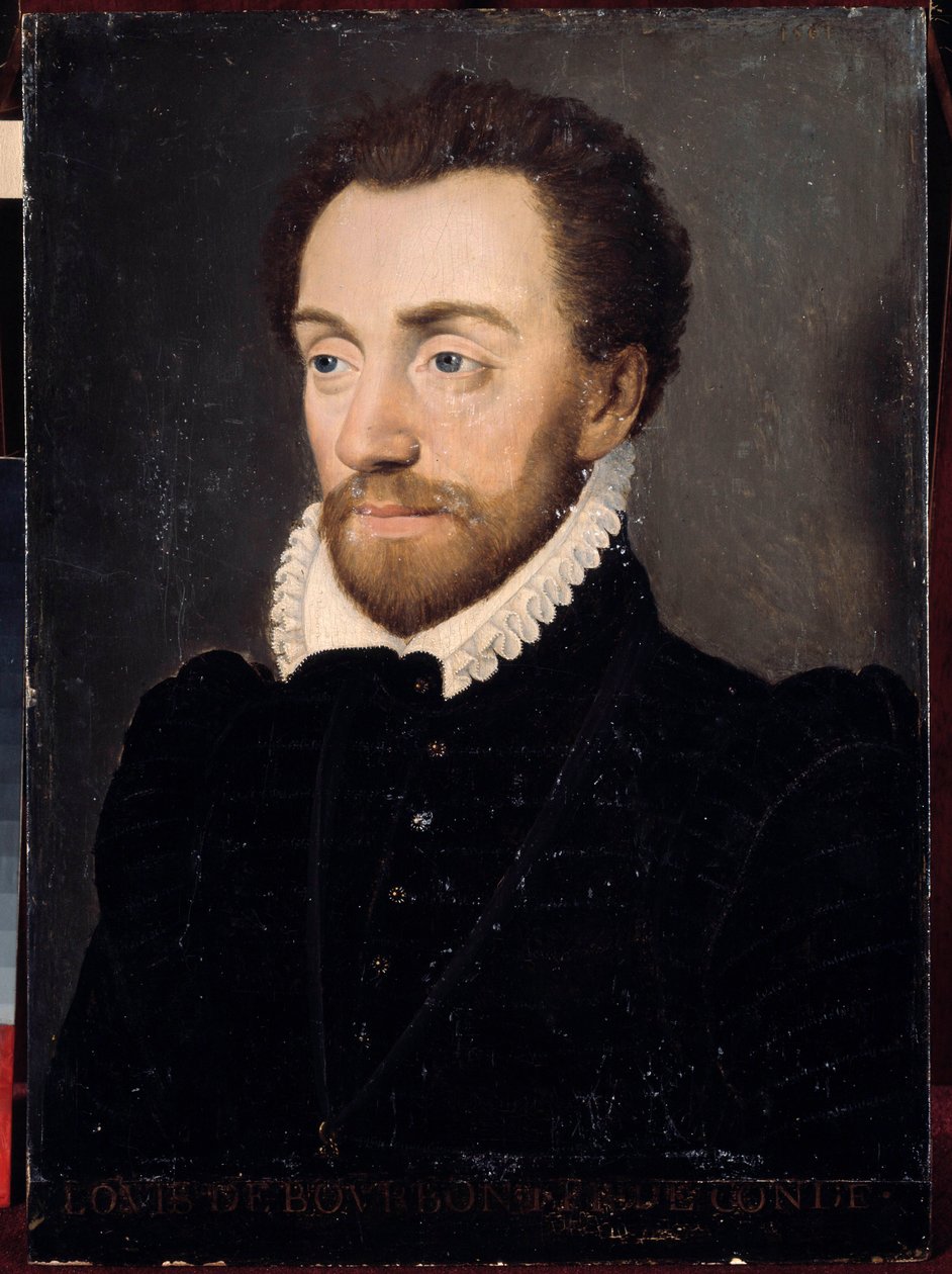 Ludvig I Bourbonin muotokuva, ensimmäinen Conden prinssi (Bourbon-Conde) (1530-1569) vuonna 1561. 1500-luvun ranskalaisen koulukunnan maalaus. Himmeä. 032x0,23m. Versailles, Versaillesin linnat ja Trianon tekijältä French School