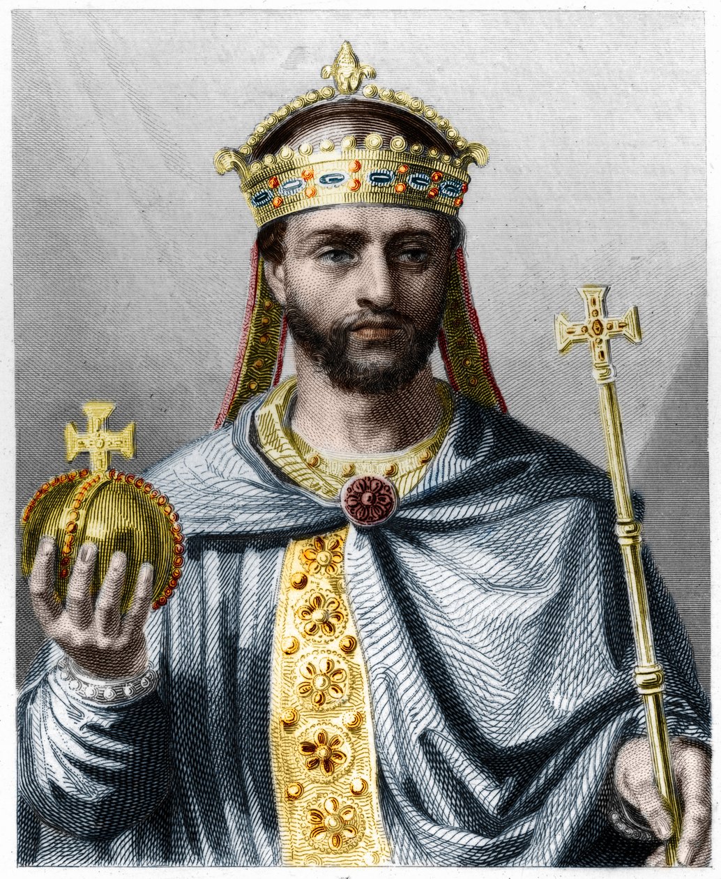Ludvig I hurskaan eli Debonnairen (778 - 840), lännen keisarin muotokuva - Lavalleen "Histoire des Francais" -kirjassa, kaiverrus, sd. tekijältä French School
