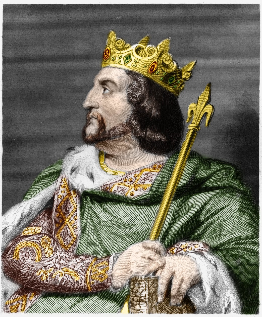 Ludvig VI le Grosin (1081 - 1137), Ranskan kuninkaan muotokuva - Lavalleen "" Histoire des Francais" -kirjassa, kaiverrus, sd. tekijältä French School