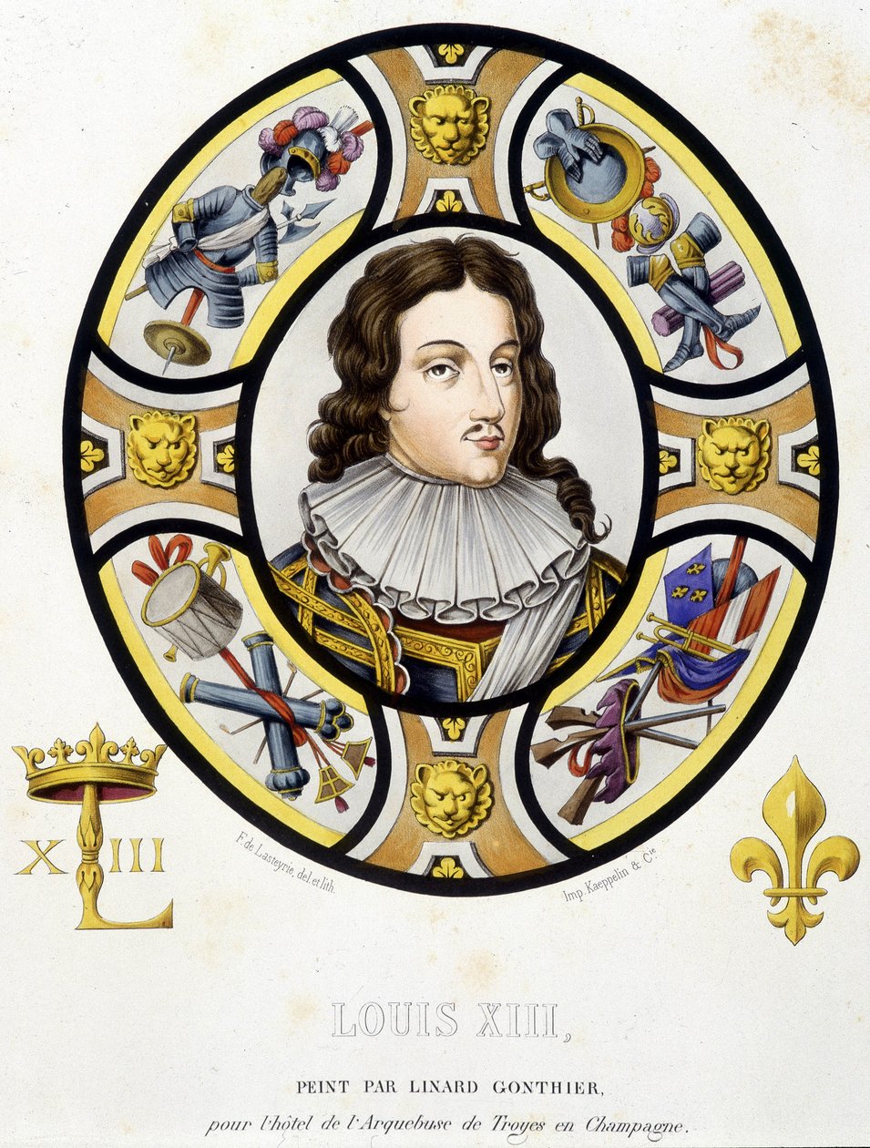 Ranskan kuninkaan Ludvig XIII:n muotokuva (1601-1643). Faksimile keskiajan lasimaalauksesta Ferdinand de Lasteyrien "Histoire de la peinture sur verre" tekijältä French School
