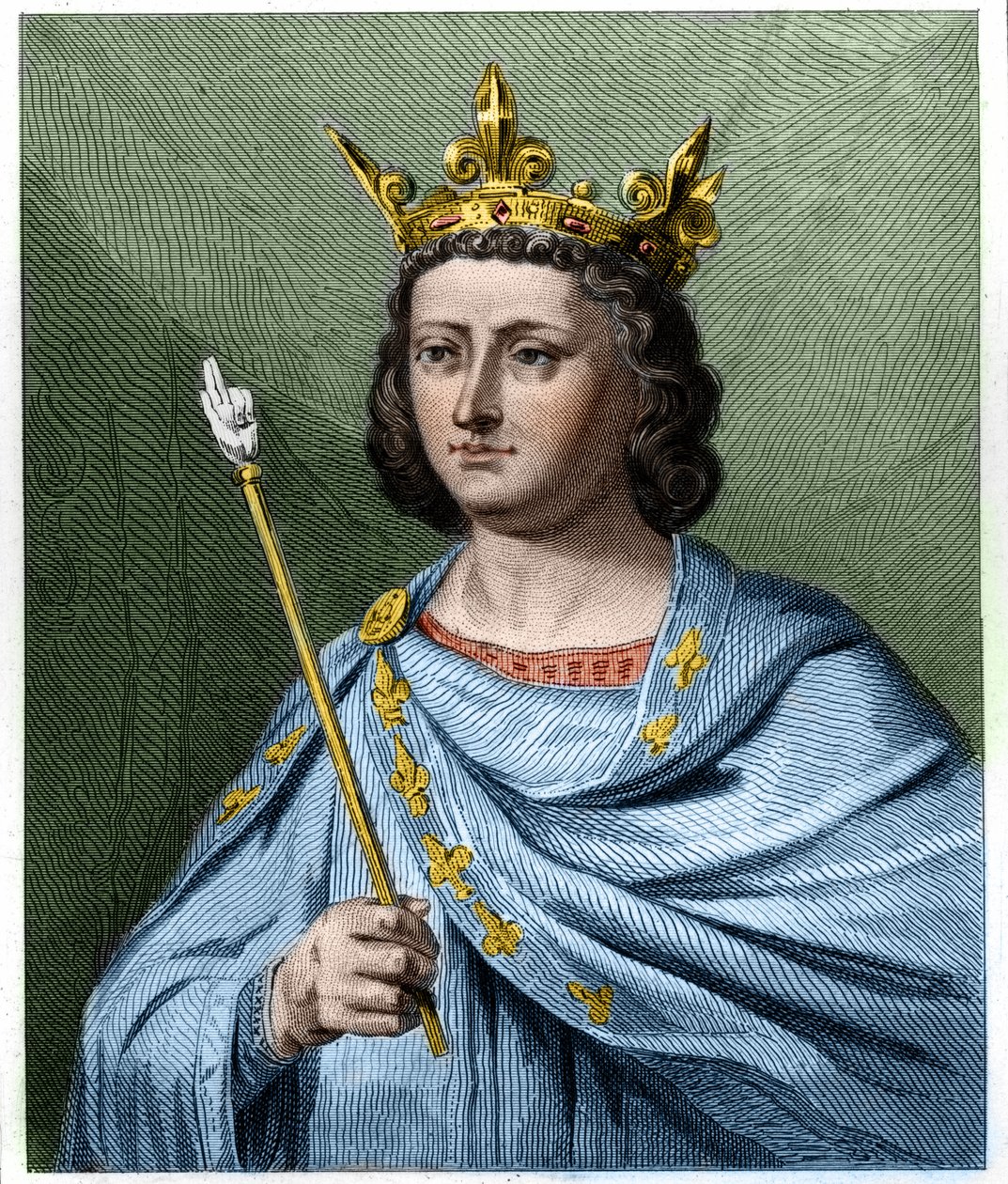 Ludvig X le Hutinin (1289 - 1316), Ranskan kuninkaan muotokuva - Lavalleen "Histoire des Francais" -kirjassa, kaiverrus, sd. tekijältä French School