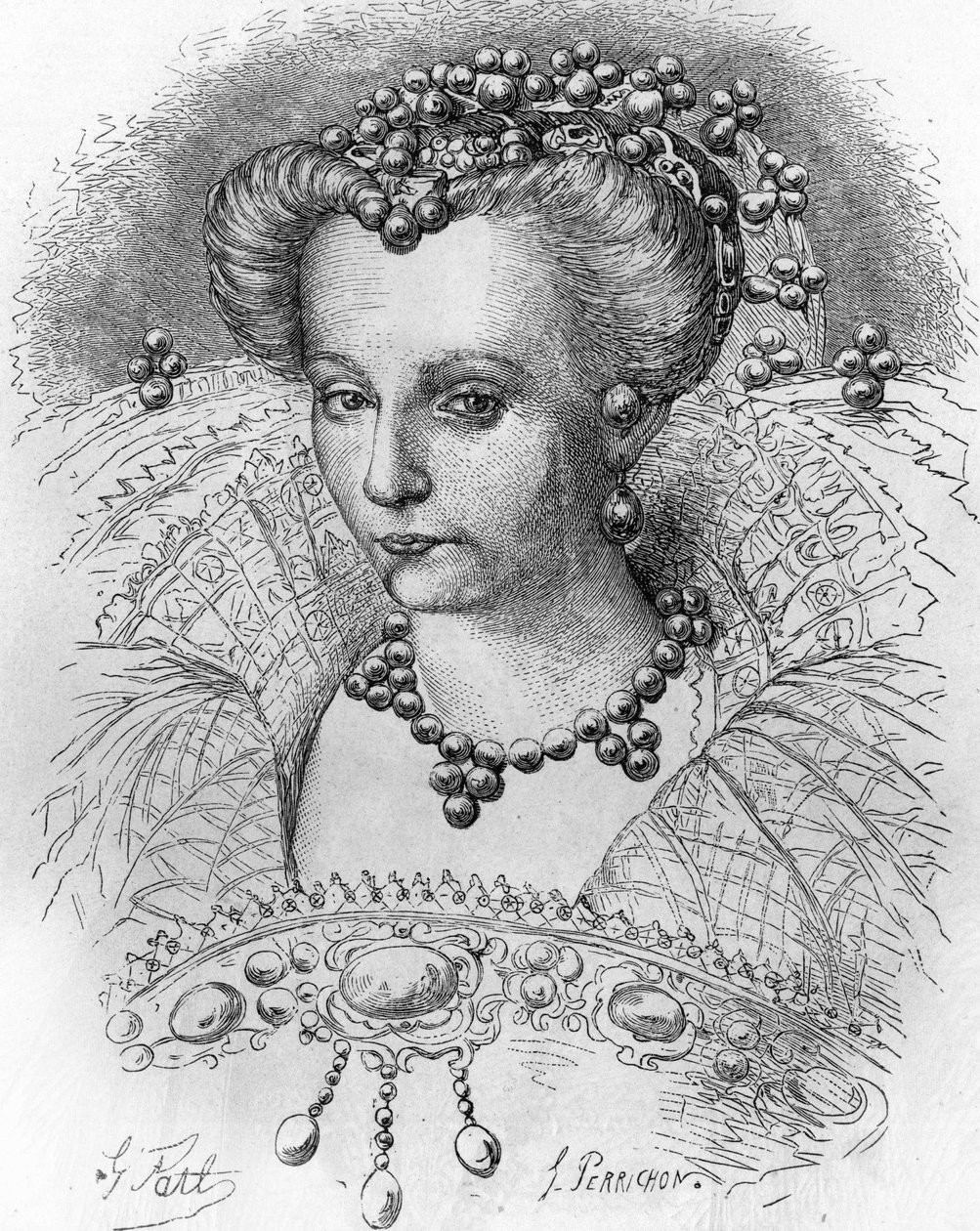 Henri III:n vaimon Louise de Lorraine (1553-1601) muotokuva. Teoksessa ""Popular History of France"", nd. noin 1885. Kaiverrus. tekijältä French School
