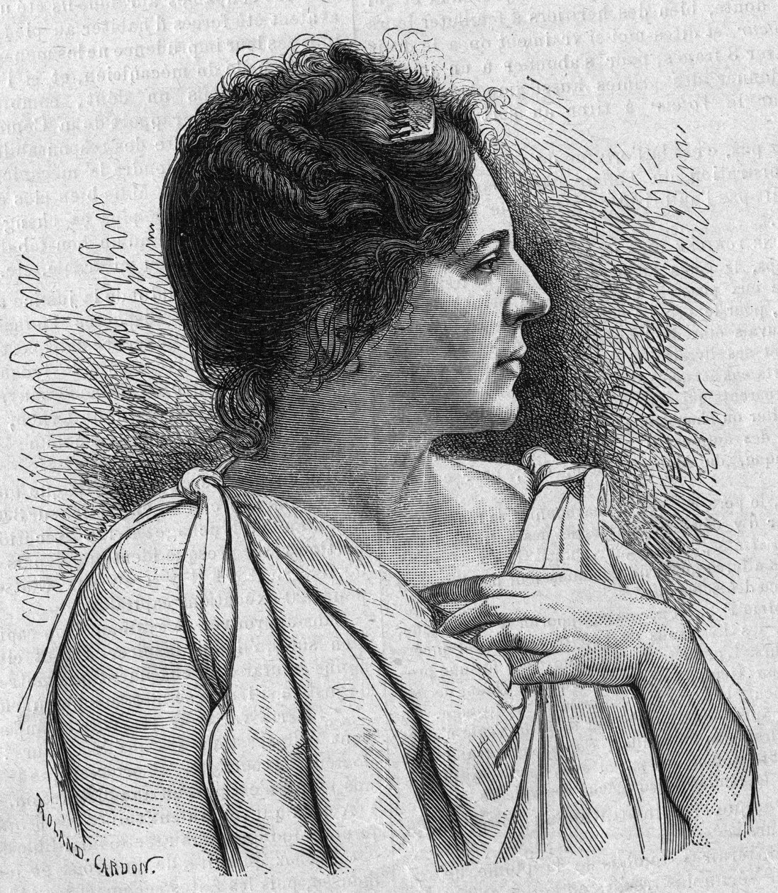 Madame Agarin (Marie Leonide Charvin, toim.) (1836-1891), ranskalaisen koomikon muotokuva. Kaiverrus "La gazette du dimanche" -julkaisussa 21. marraskuuta 1895. tekijältä French School