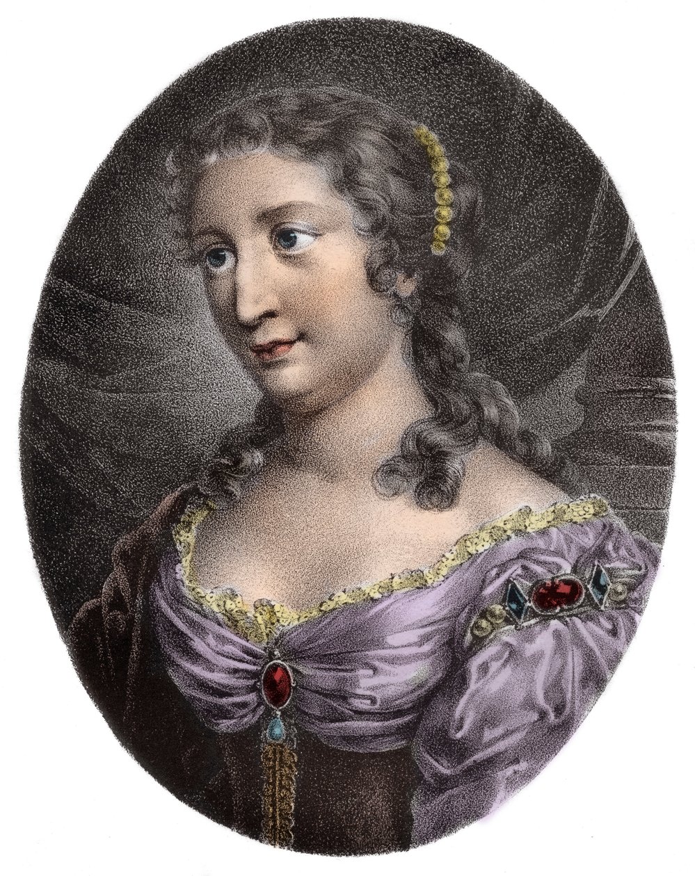 Madame de La Fayetten muotokuva, ranskalainen kirjailija (kaiverrus) - Marie-Madeleine (Marie Madeleine) Pioche de La Vergne, Comtesse de Lafayette (Madame de la Fayette) (1634-1693). Kaiverrus 1800-luvulta. tekijältä French School