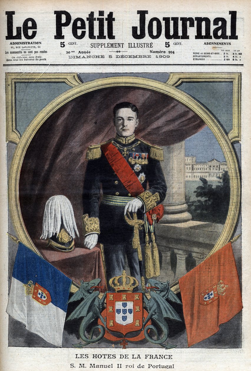 Muotokuva Manuel II:sta Portugalin kuninkaan (1889-1932) Pariisin-vierailunsa aikana - "Le Petit Journal" 5. joulukuuta tekijältä French School