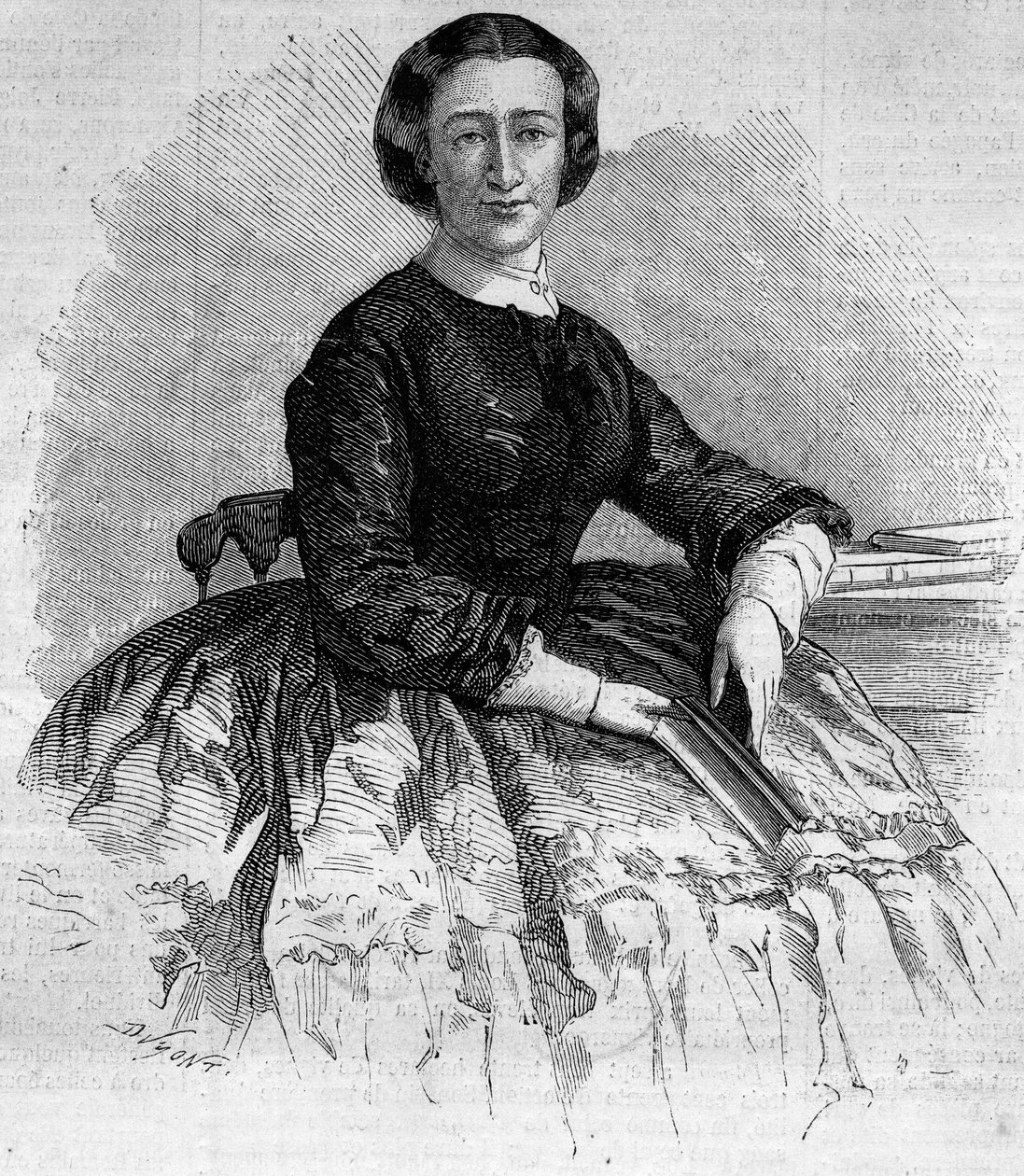 Muotokuva Maria Francisca de Salesista (1825-1860), Alban herttuattaresta ja ranskalaisen impress Eugenie de Montijon sisaresta. Kaiverrus "" Le Monde Illustré" -julkaisussa nro 180, 22. syyskuuta 1860. tekijältä French School