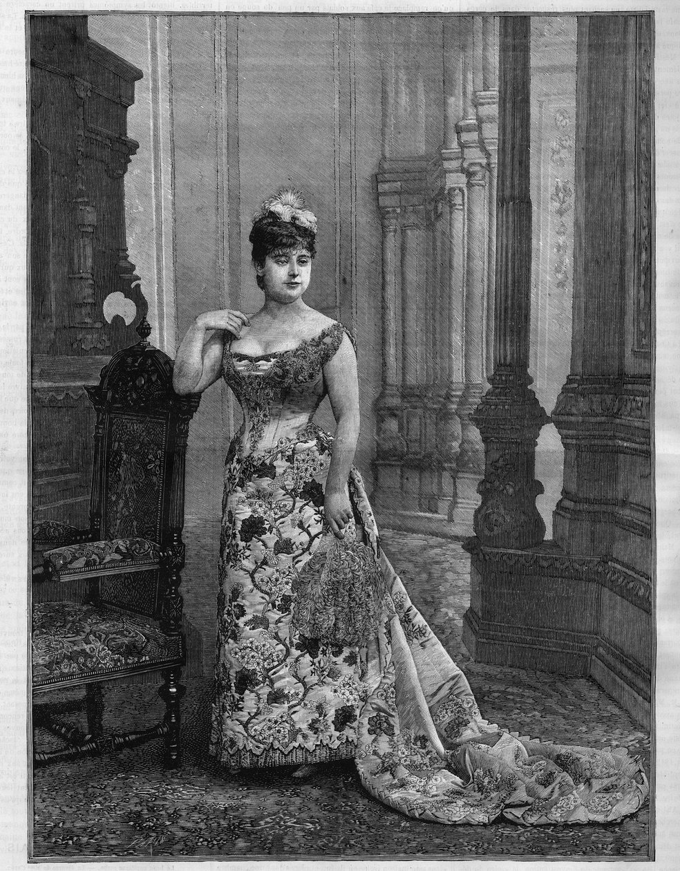Muotokuva Marie Heilbronnista (Heilbron) (1849-1886), belgialainen sopraano. Kaiverrus "" Kuvitettu maailma"" tekijältä French School