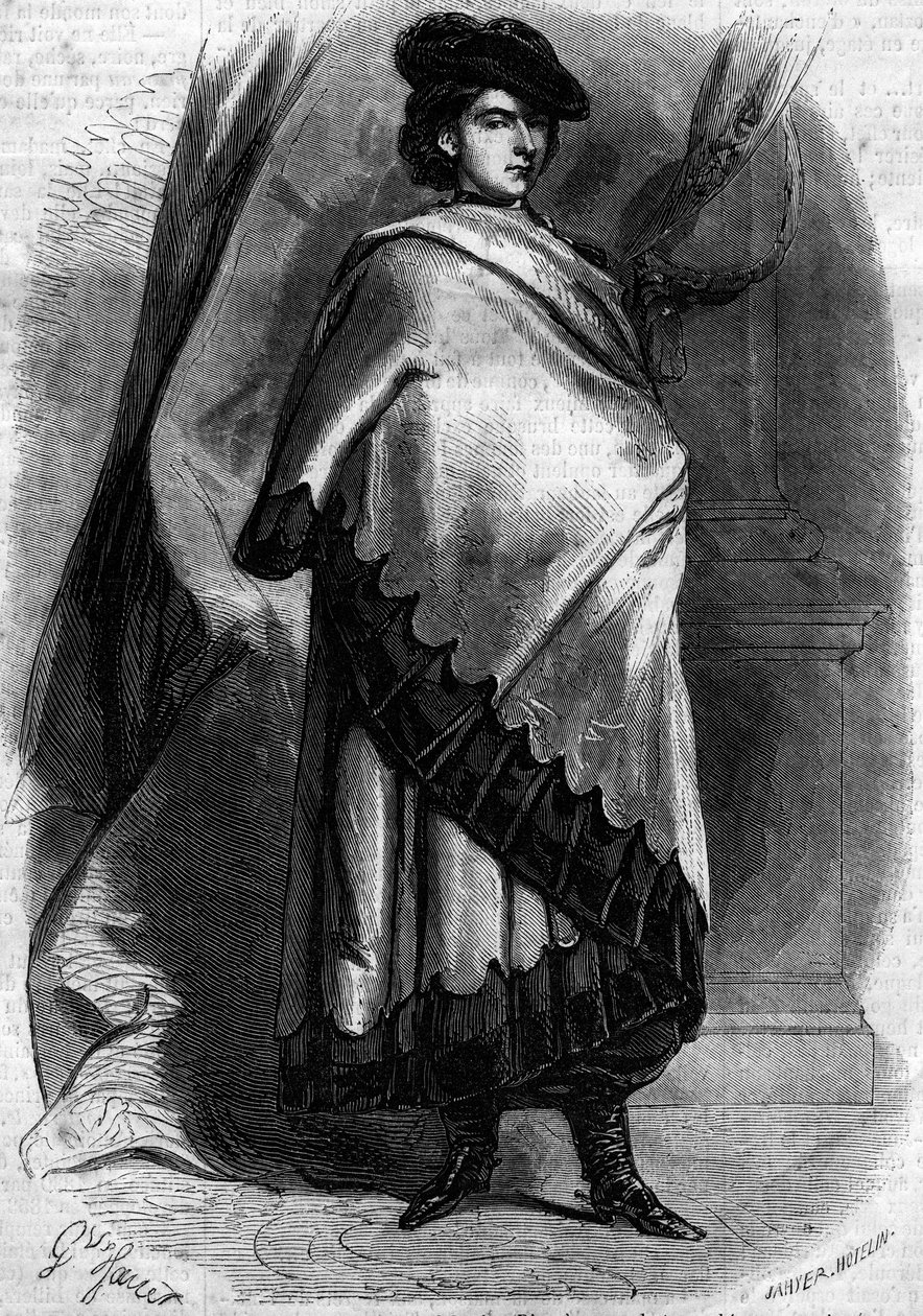 Muotokuva Marie Sophie Ameliesta (1841-1925), Bavieren herttuattaresta ja kahden Sisilian kuningattaresta, Francois II:n vaimosta calabrialaisessa asussa. Kaiverrus "" Le Monde Illustré" -julkaisussa nro 194, 29. joulukuuta 1860. tekijältä French School