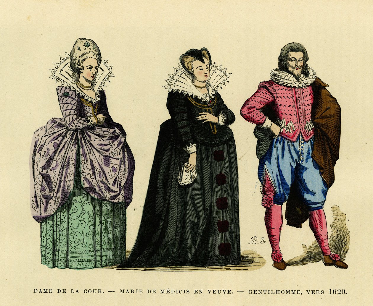 Muotokuva Ranskan kuningattaresta Marie de Mediciksen (1573-1642), lesken tapana, hovin naisen ja herrasmiehen ympäröimänä, noin 1620. Värikaiverrus, kirjassa "France et les francais a travers les siecles" Augustin Challamel, F. Royn toimittaja, Paris 18 tekijältä French School