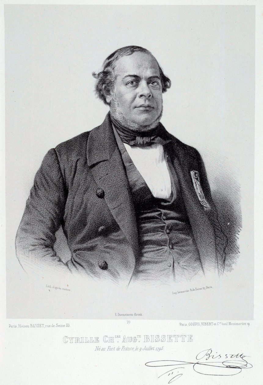 Martinicelaisen poliitikon Cyrille Charles Auguste Bissetten (1795-1858) muotokuva, joka oli Ranskan orjuuden poistamisen suuri kannattaja. Kaiverrus 1800-luvun Chartresista, Musee des Beaux Arts tekijältä French School