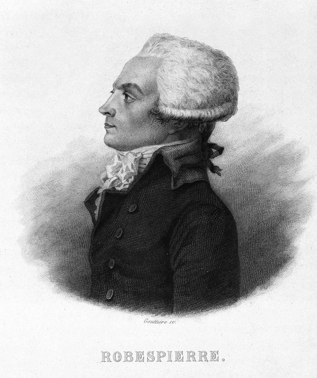 Maximilian Robespierren (1758 - 1794) muotokuva - Thiersin teoksessa "Revolution francaise". 1800-luvulla tekijältä French School