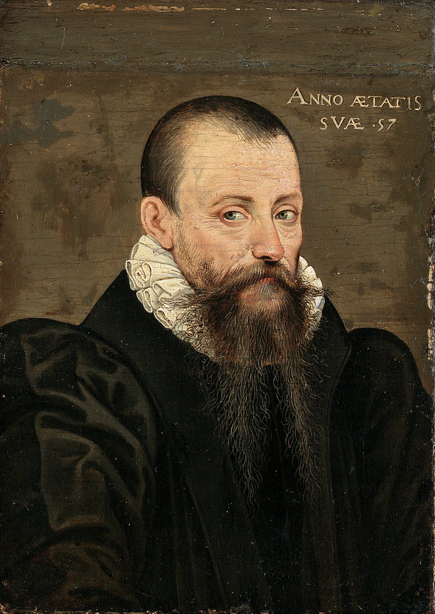 Muotokuva Michel Eyquem de Montaignesta (1533-1592), 57-vuotias, pieni puolipitkä, mustassa puvussa ja valkokaulus (öljy paneelissa) tekijältä French School
