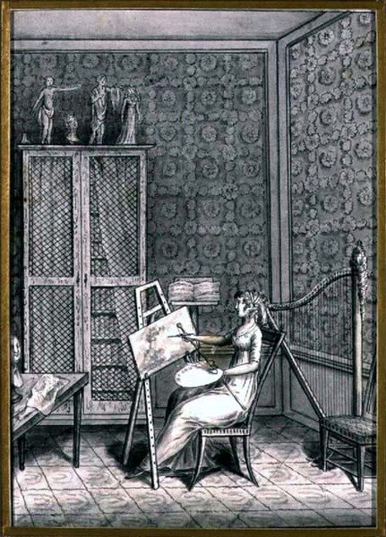 Mmen muotokuva. Marie-Anne-Marguerite Gerard (1761-1837) studiossaan, n. 1790 (kynä ja muste pesulla paperilla) tekijältä French School