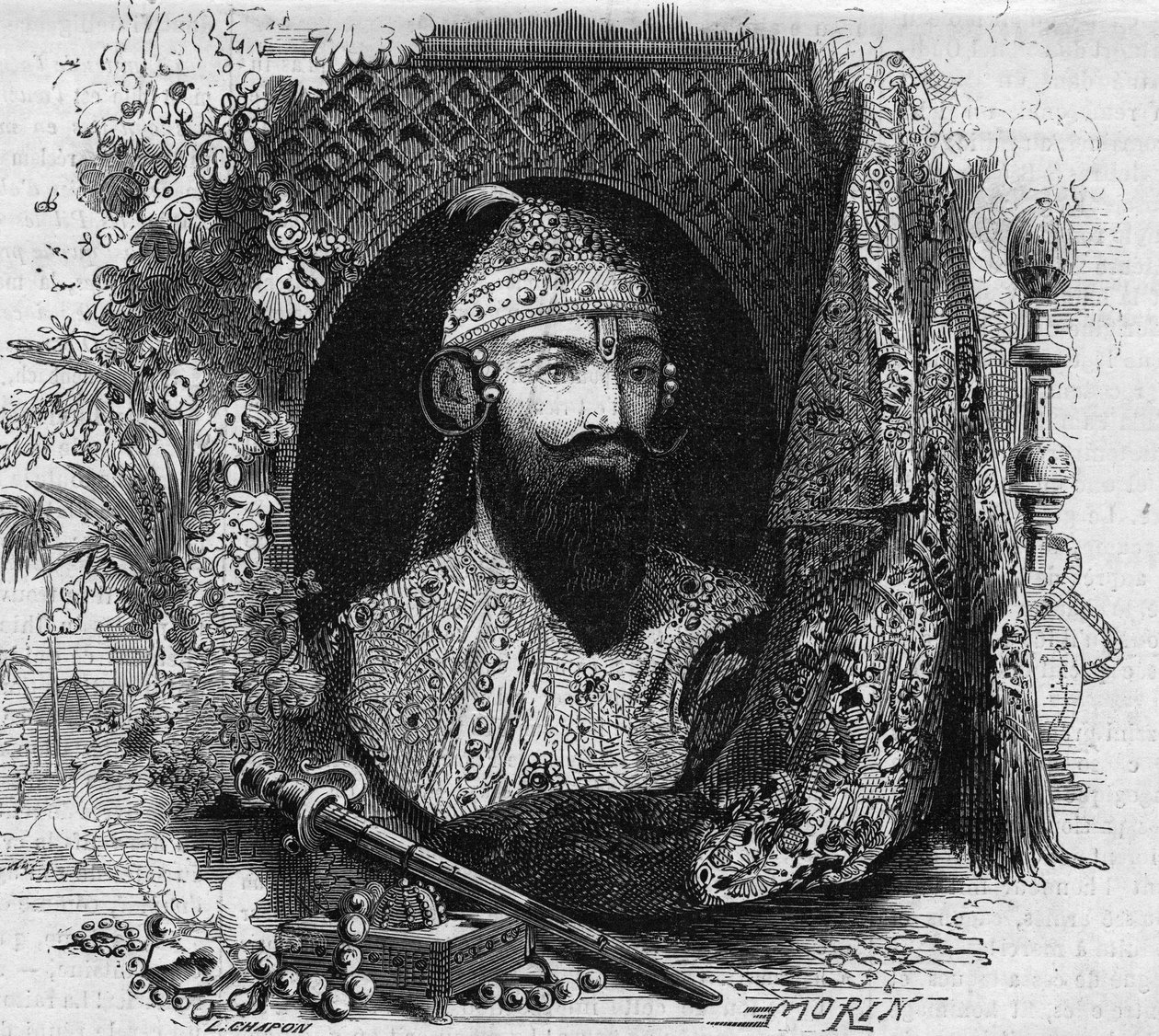Muotokuva Nana Sahebista (Nana Sahib) (oikealla nimellä Dhundu Pant) (noin 1820-?), Intian Cipayas-kolonialistisen kapinan johtaja. Kaiverrus "" Le Monde Illustré" -julkaisussa nro 331, 15. elokuuta 1863. tekijältä French School