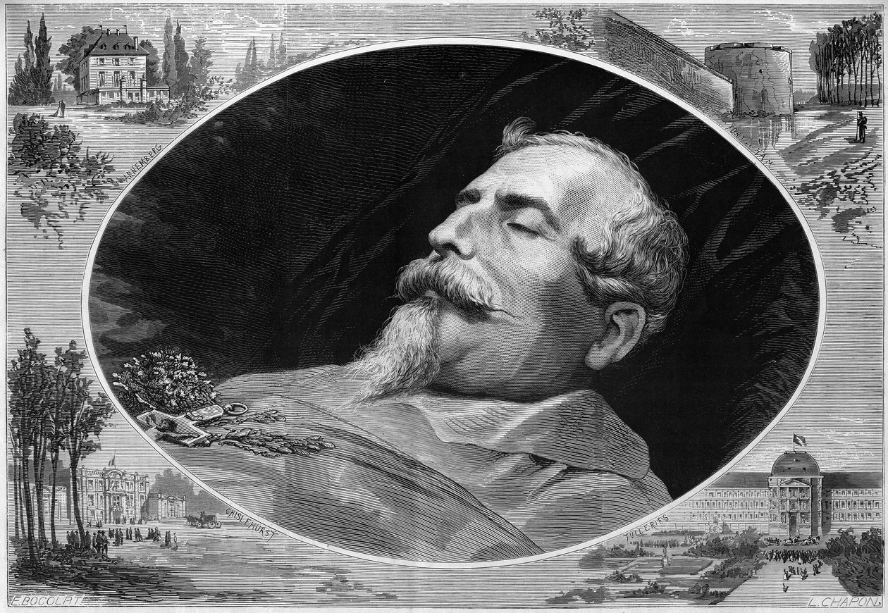 Napoleon III:n (1808-1873) muotokuva kuolinvuoteella. Kaiverrus "" Le Monde Illustré" -julkaisussa nro 824, 25. tammikuuta tekijältä French School