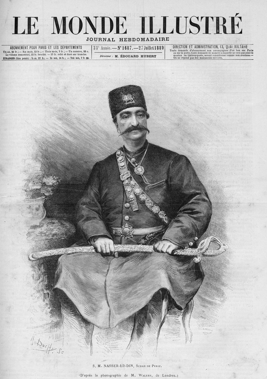 Nasser Ed Dinin (1831-1896), Persian shaahin (Iran) muotokuva. Kutsutaan myös Nasseredin Shah, Nasserer-al-Din Shah Qajar, Nasser al-Din Shah Qajar, Nassiruddin Shah. Yksi sanomalehti "Le Monde Illustré" nro. 1687, 27. heinäkuuta tekijältä French School