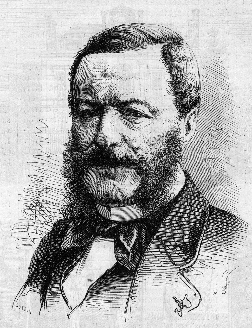 Muotokuva Nestor Roqueplanista (1804-1870), kirjailijasta, toimittajasta ja ranskalaisten teatterien ylläpitäjästä. Kaiverrus "" Le Monde Illustré" -julkaisussa nro 681, 30. huhtikuuta tekijältä French School