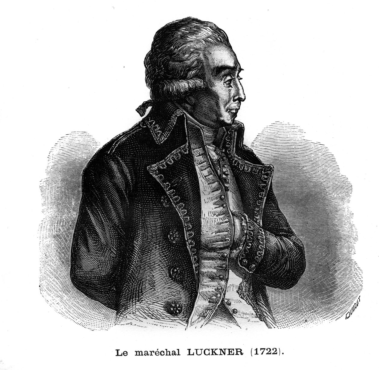 Muotokuva Nicolas Lucknerista (1722-1794), saksalaista alkuperää olevasta ranskalaisesta armeijasta. Kaiverrus "Les Illustrations De L
