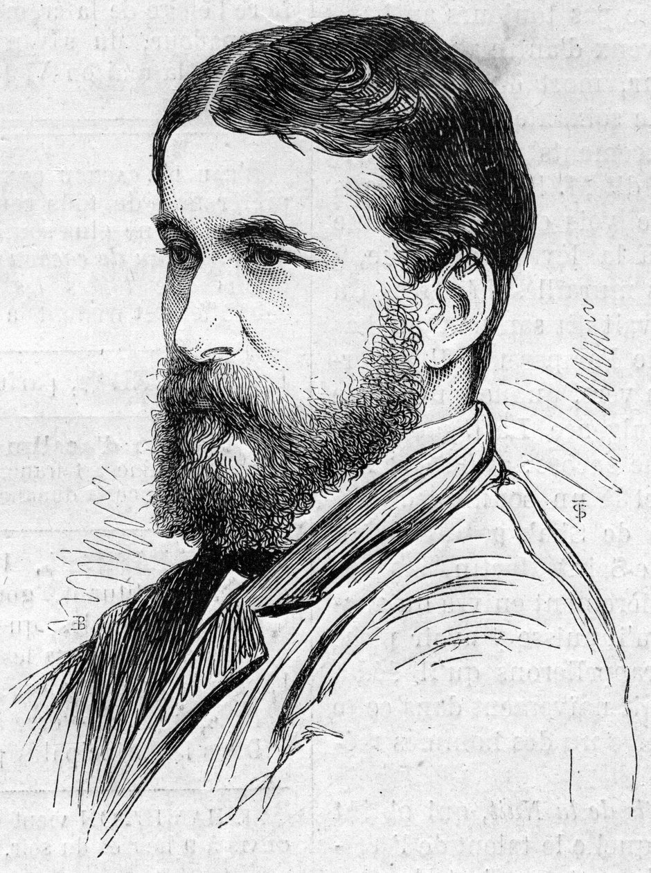 Norman Lockyerin (1836-1920) muotokuva, englantilainen tähtitieteilijä, auringon ulokkeiden havainnointimenetelmän lähettäjä. Kaiverrus "" Le Monde Illustré" -julkaisussa nro 911, 26. syyskuuta tekijältä French School