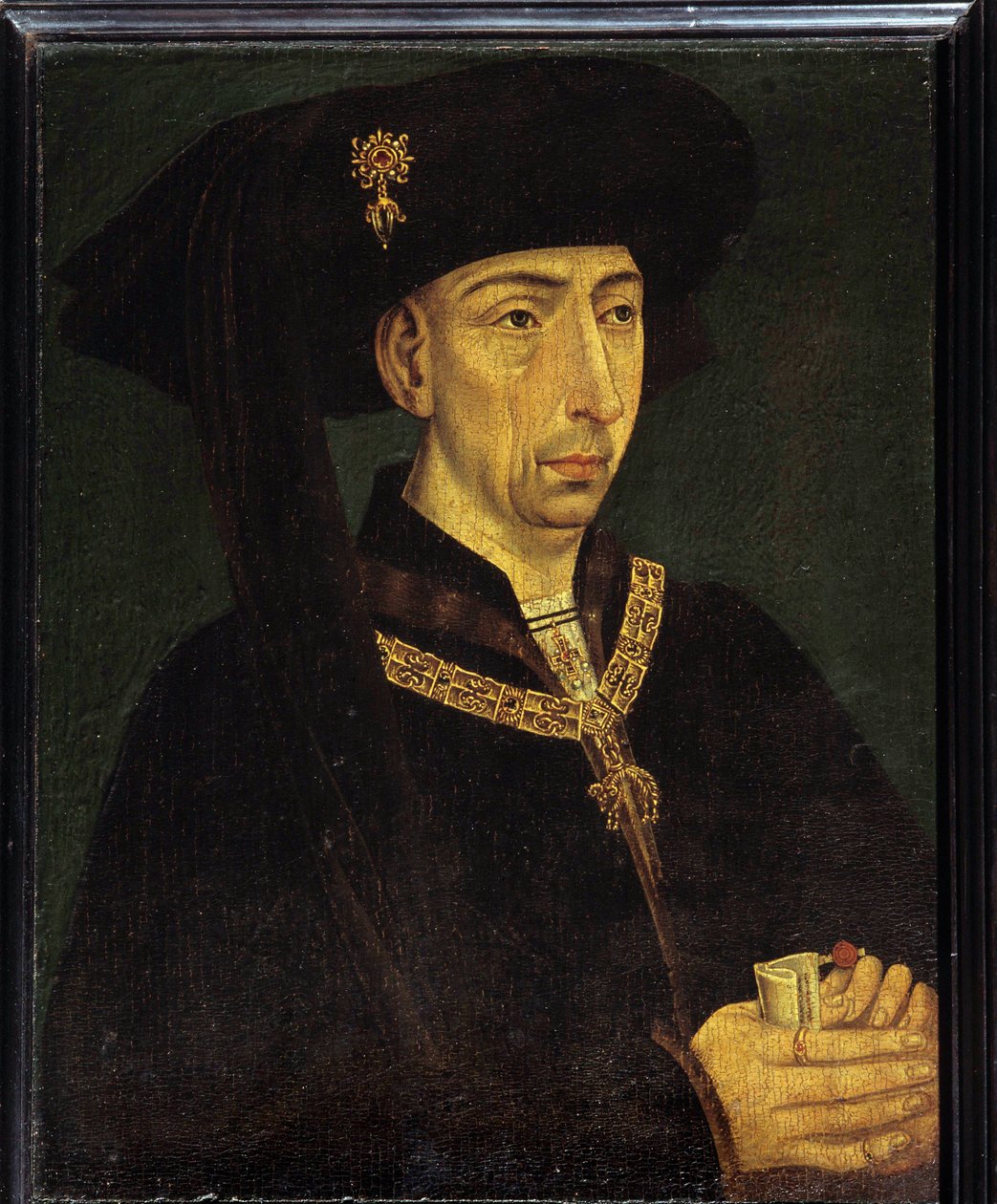 Muotokuva Philip III:sta Burgundiasta nimeltä Philip Hyvä (1396-1467) Burgundin herttua, ranskalaisen koulukunnan nimettömän Golden Fleece -maalauksen perustaja tekijältä French School