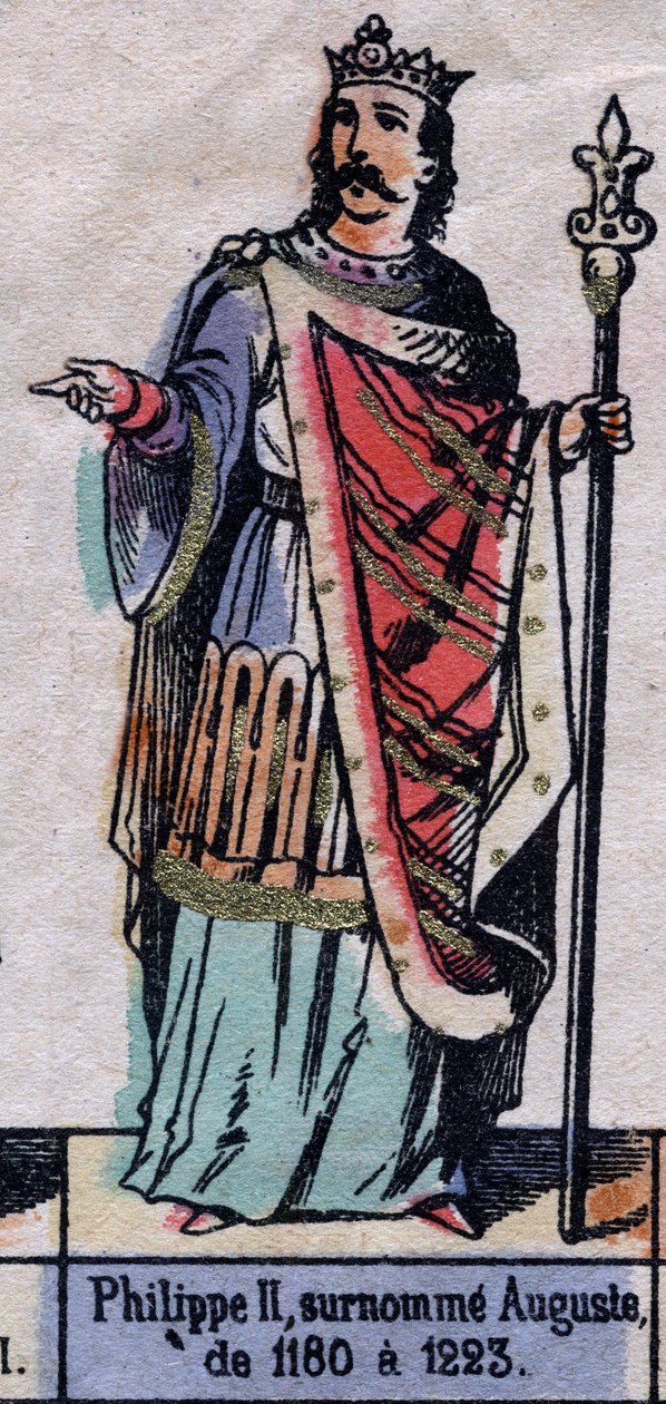 Muotokuva Philip II:sta Ranskasta, joka tunnetaan nimellä Philippe Auguste (1165-1223) (Kapetsialaisten dynastia). Kuvitus 1800-luvun lopulla. tekijältä French School