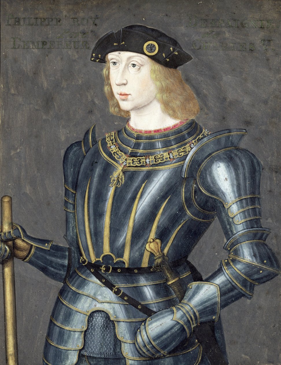 Espanjalaisen Philip II:n muotokuva (vartalonväri ja kulta velumilla) tekijältä French School