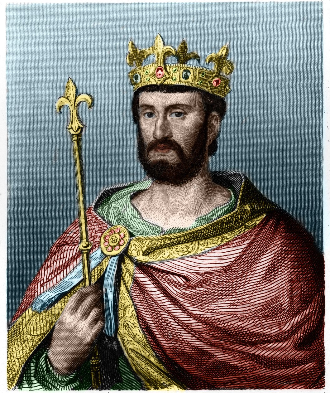 Muotokuva Philip I:stä (1060 - 1108), Ranskan kuningas - Lavalleen "" Histoire des Francais" -kirjassa, kaiverrus, sd. tekijältä French School