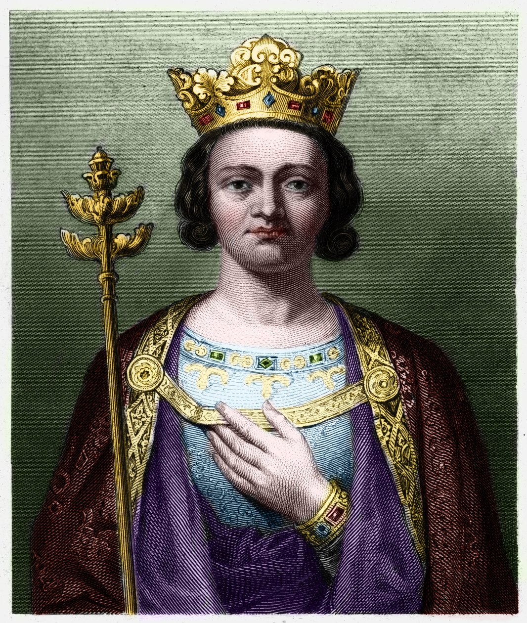 Muotokuva Philippe V Pitkästä (1294 - 1322), Ranskan kuningas - Lavalleen "" Histoire des Francais" -kirjassa, kaiverrus, sd. tekijältä French School