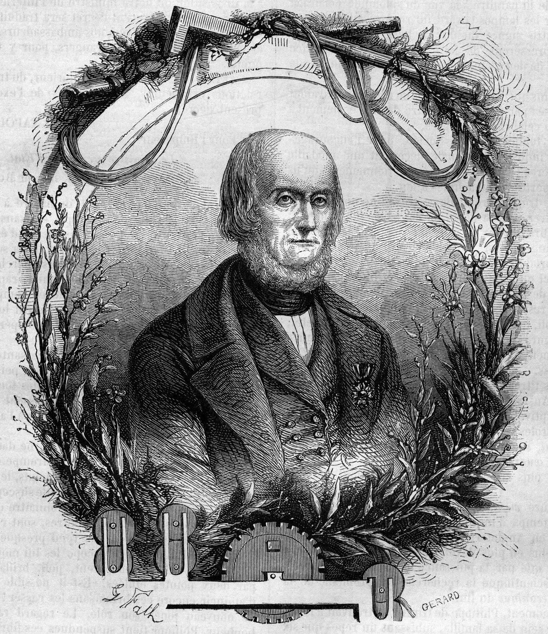 Muotokuva Philippe de Girardista (1775-1845), ranskalaisesta keksijästä ja teollisuusmiehestä, pellavakehrukoneen luojasta. Kaiverrus vuosilta 1866-1867. tekijältä French School